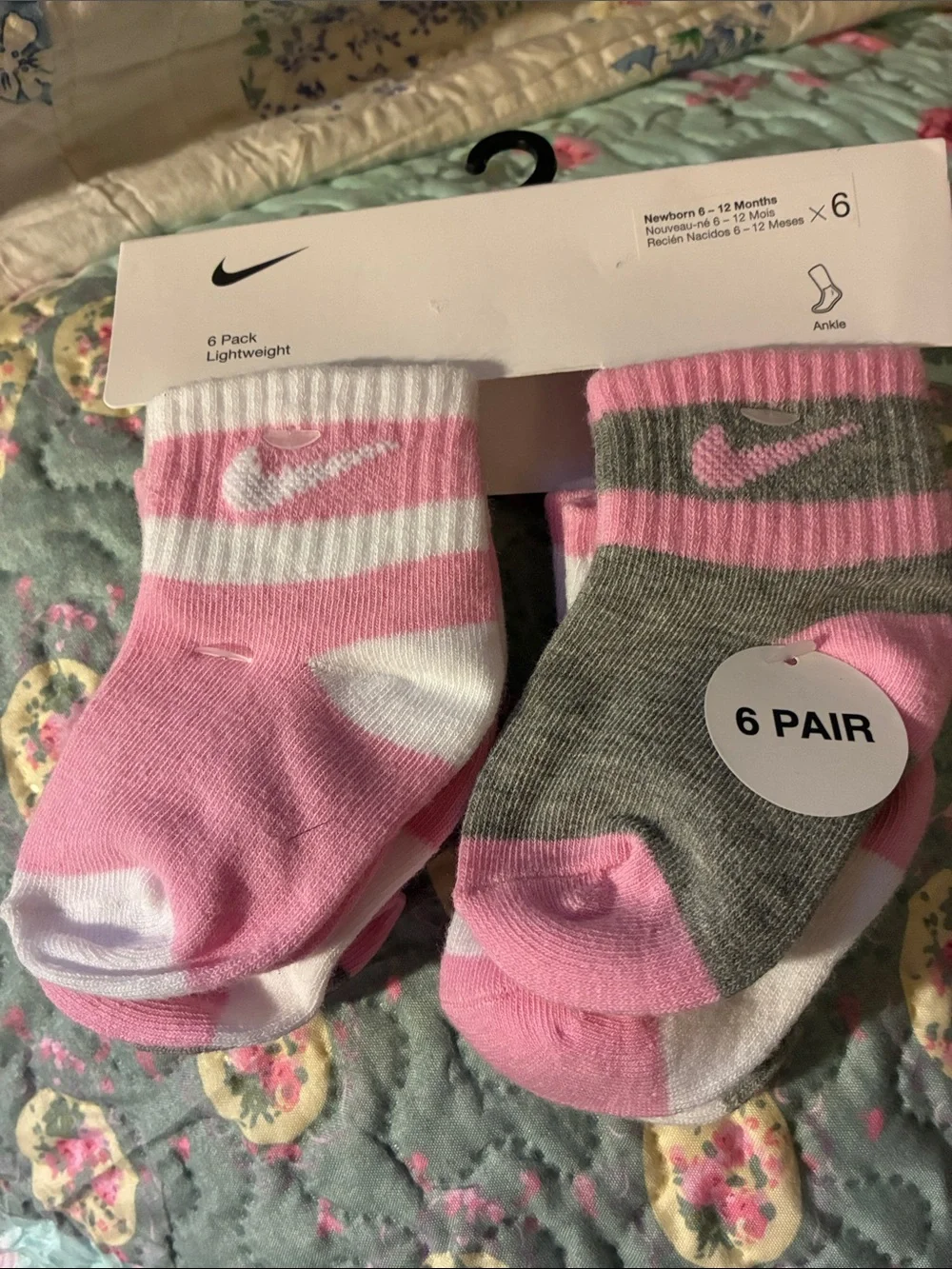 Nike Pink and Gray Baby Ankle Socks - 6 Pack